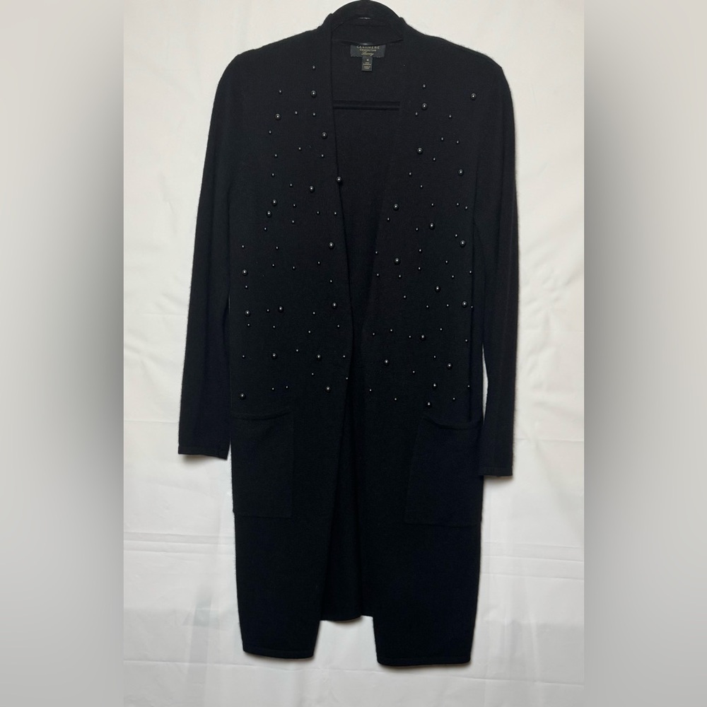Charter Club Women’s Black Beaded Open-Front Cashmere Cardigan, Medium.NWOT